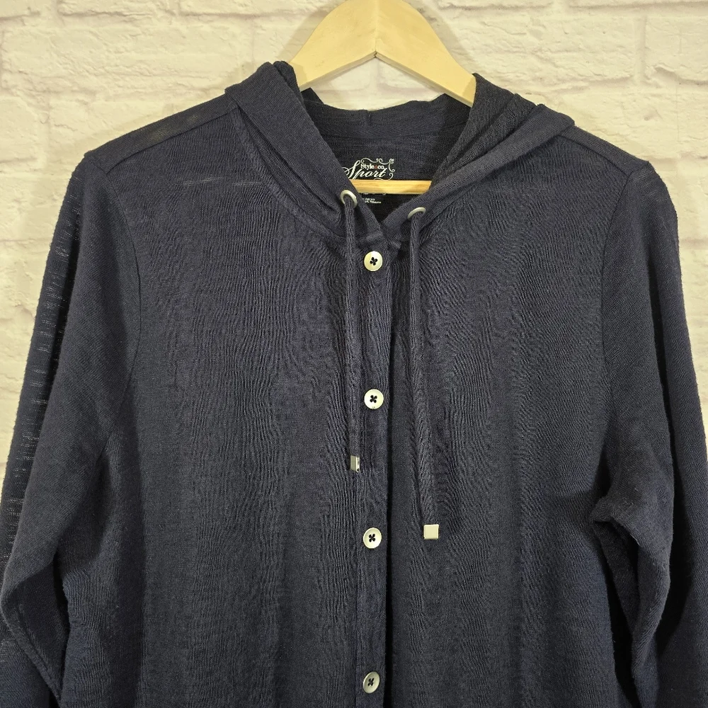 M Style & Co Sport Navy Hooded Cardigan with Pockets Size XL Lightweight Buttons - Picture 3 of 10